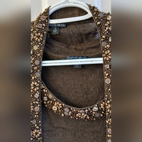 Lafayette 148 New York Linen Blend Tank & Cardigan Sweater Set – Brown – Beaded - Picture 2 of 13